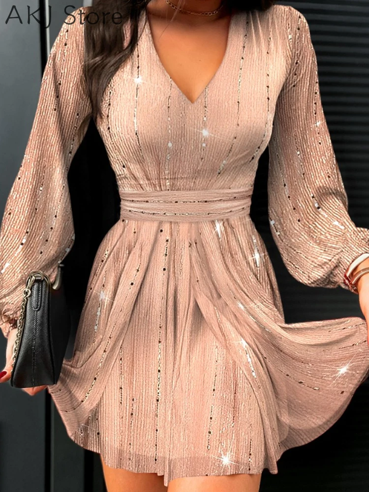 

Women V-Neck Sequin Mesh Lantern Sleeve Dress