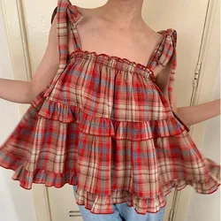 Korean Style Sweet Female Shirts Summer Ruffles Patchwork Women's Plaid Top Shoulderless Lady Strap Blouses Loose Tops and Tees