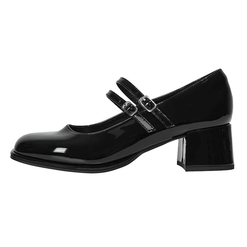 

Mary Jane high heels, small black leather shoes, light mouth thick heel French single shoes.