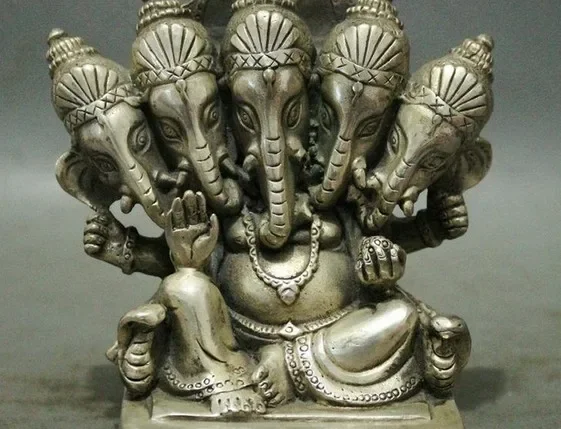 Tibet Buddhism Silver Ganapati Ganesh Lord Ganesha 5 Elephant Head Buddha Statue