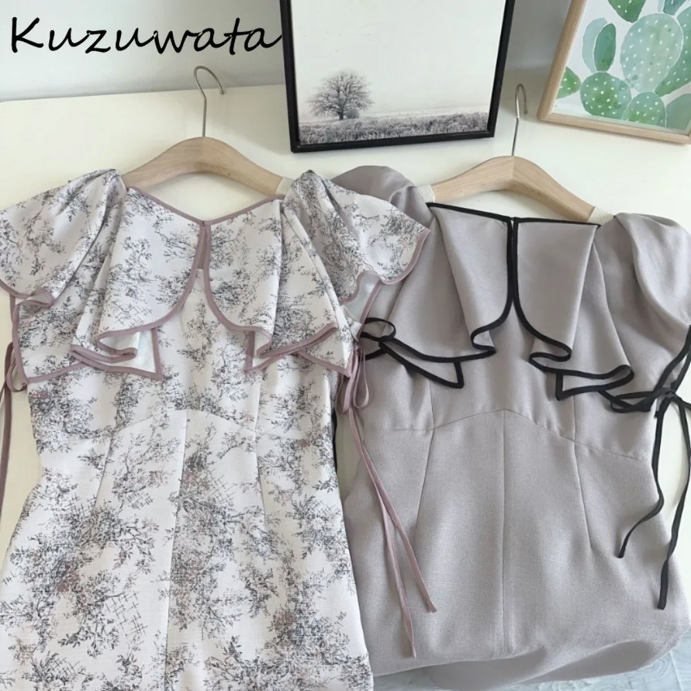 Kuzuwata Elegant Ruffled Sleeveless High Waist Robe Slim Fit Print Panelled Pullover Vestidos Japan New Casual Lace Up Dress