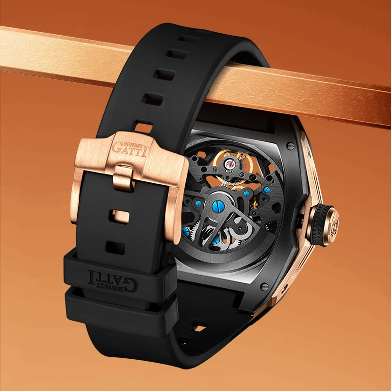 BONEST GATTI Automatic Watch Luminous Pointer Stainless Steel Case Mechanical Movement Rubber Strap Watches For Men