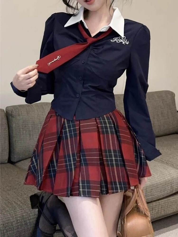 

Japanese College Style Two Piece Set Long-Sleeve Tie Tops + High-Waist Plaid Pleated Skirt Women 2025 New Winter Fashion Outfits