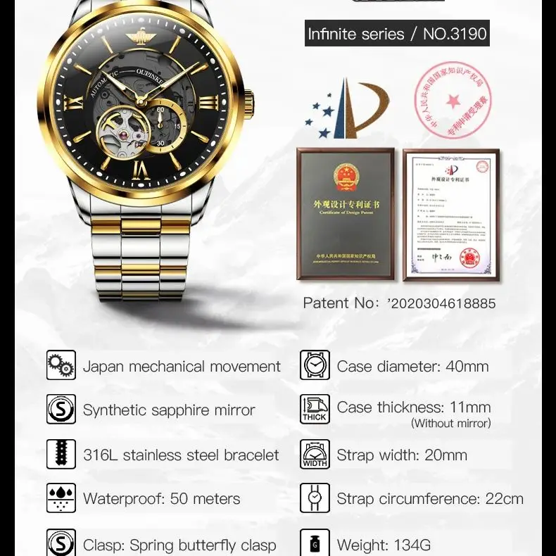 OUPINKE 3190 Japan Movement Watch for Men Skeleton Hollow Luminous Waterproof Original TOP Brand Wristwatch for Man Genuine