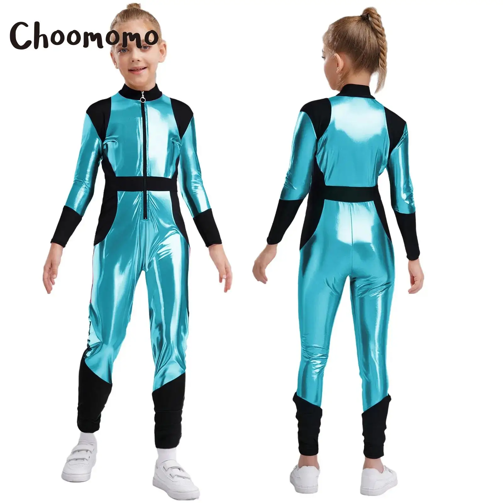 

Kids Girls Alien Costume Carnival Dress Up High Waist Metallic Jumpsuit Halloween Outer Space Cosplay Party Athletic Bodysuit