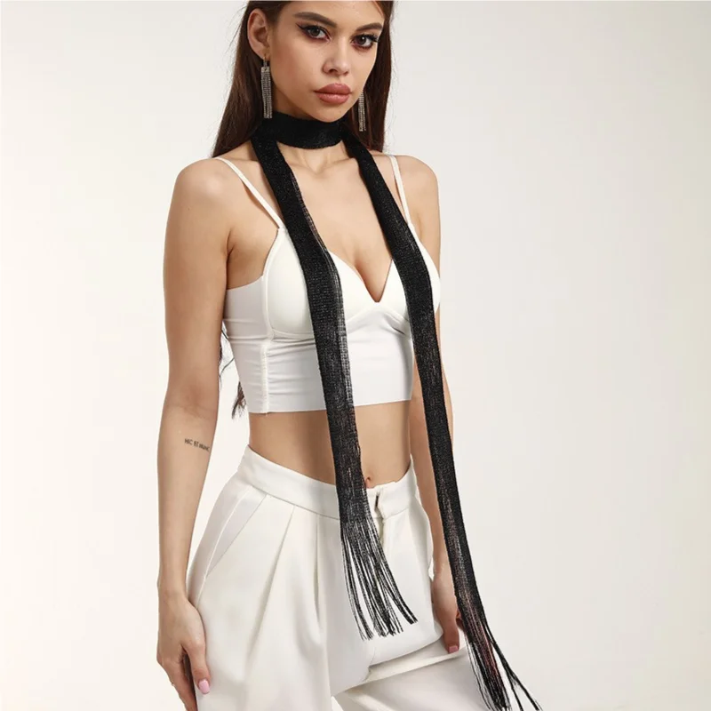 Fashion Nightclub Sunscreen Shawl Bright Silk For Women Lace Tassel Shiny Necklace Party Gold Silver Evening Dress Scarf view 2