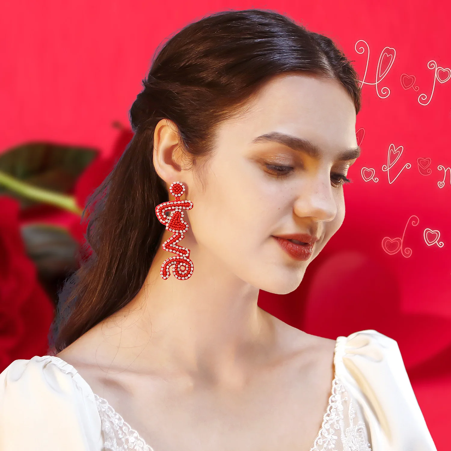 2024 Trend Aesthetic Seed Beaded Jewelry Valentines Day Gift Pink Red Letter Love Double Heart Shape Drop Earrings for Women Her