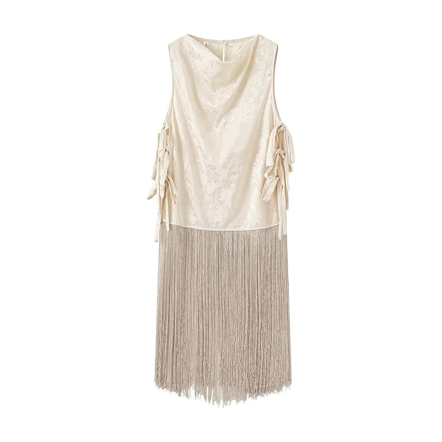 DUOPERI Women Jacquard Fringe Hem Tank Top Cowl Neck Sleeveless Vest Top Female Chic Lady Feminine  Vintage Shirt