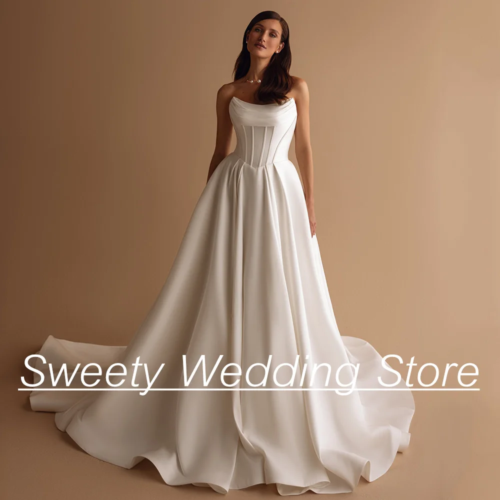 Elegant Satin Wedding Dress for Woman Bride 2025 Strapless Sleeveless pleat A Line Court Train Backless Bridal Gown Customized