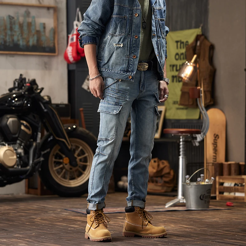 Retro Jeans Herrenmode neue High-End-Trend schmal geschnittene coole große Tasche Nähte Motorrad Skinny Hose