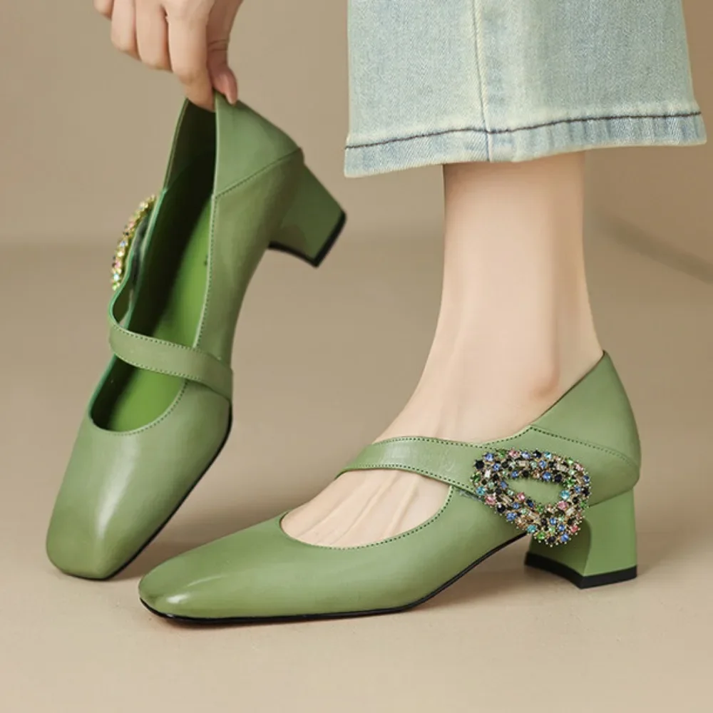 

Square Toe Marie Janes High Heels Shoes Summer Women Shallow Shoes 2025 New Designer Dress Shoes Elegant Green Pink Pumps Femme