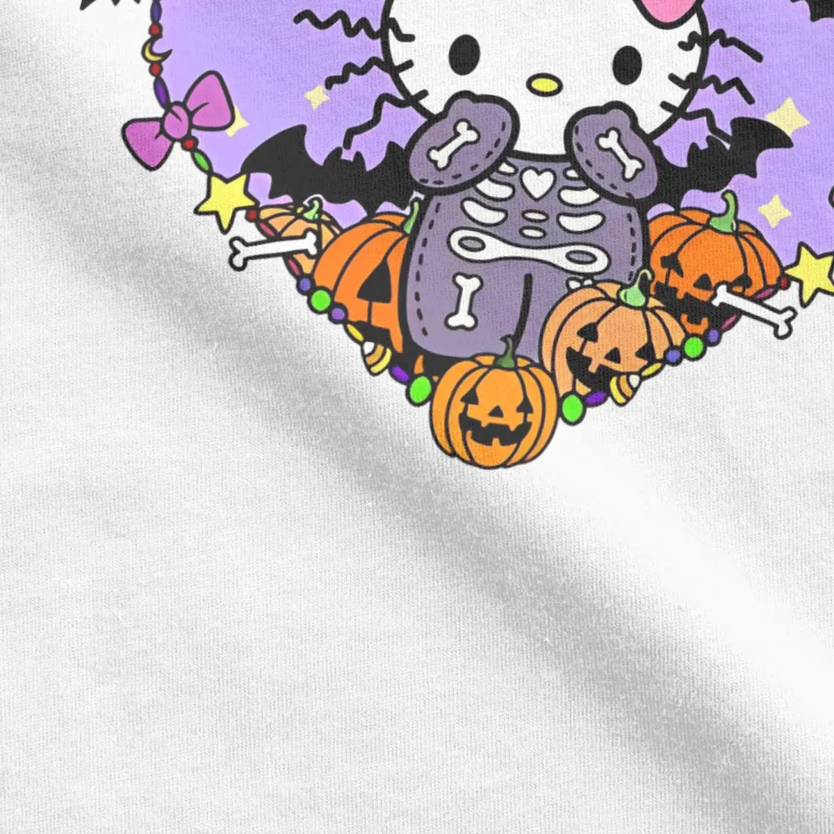 Official Hello Kitty Halloween Pumpkin Skeleton Cat T-Shirts Men Crew Neck Cotton T Shirt Short Sleeve Tees Original merchandise