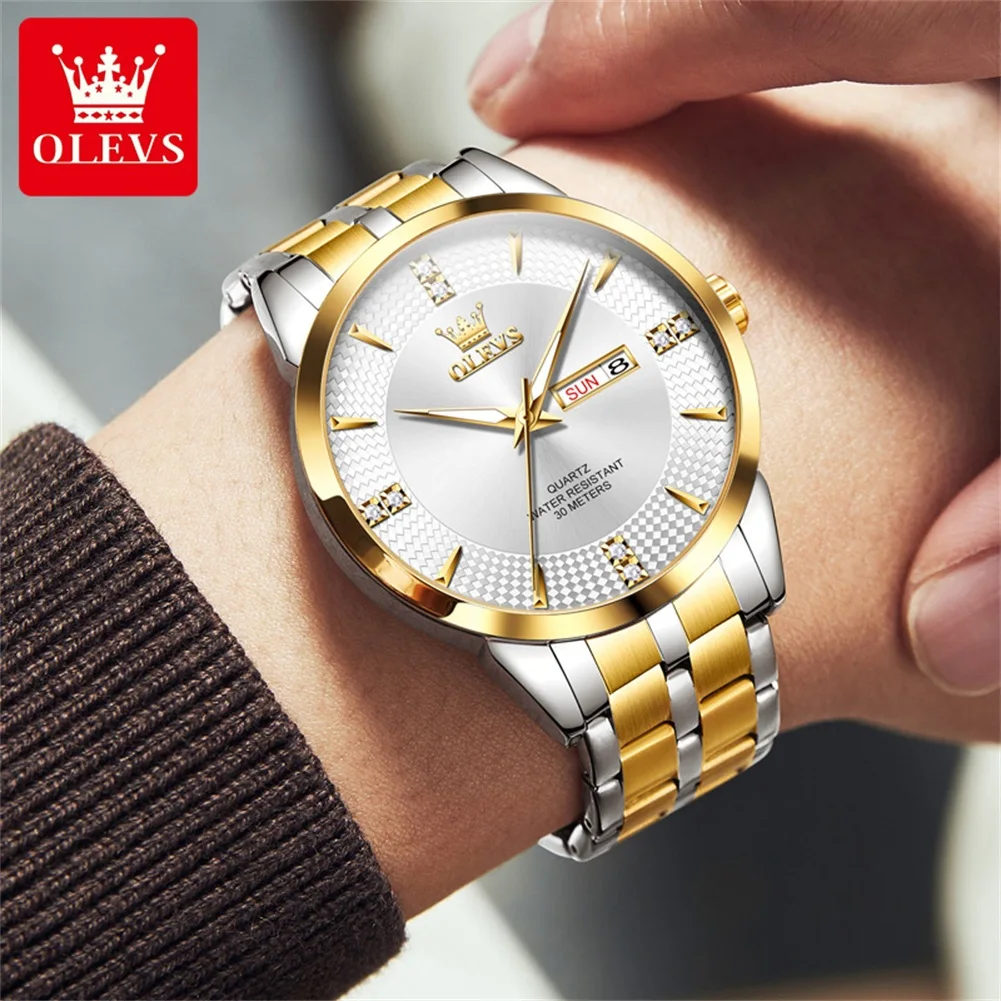 OLEVS 9917 Dual Calendar Quartz Watch For Men Diamond Luxury Dress Hand Clock Stainless Steel Waterproof Business Man Watches