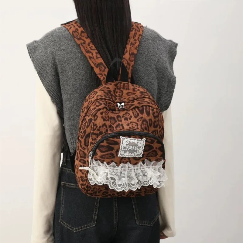 حقيبة ظهر نسائية من الدانتيل على شكل الفهد من Hot Girl حقيبة ظهر كلاسيكية ذات سعة كبيرة للسيدات Harajuku Y2k جماليات خفيفة الوزن Mochilas Mujer Chic #3