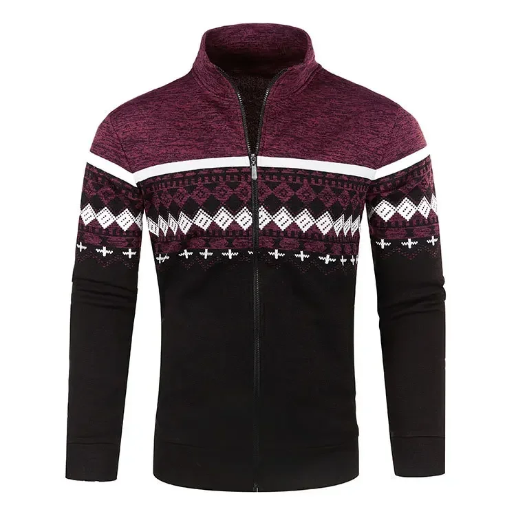 Men\'s Retro Jacquard Knit Cardigan Fashion Warm Zipper Pullover Casual Slim Collar Sweater Coat Men Outwear Street Wear S-3XL