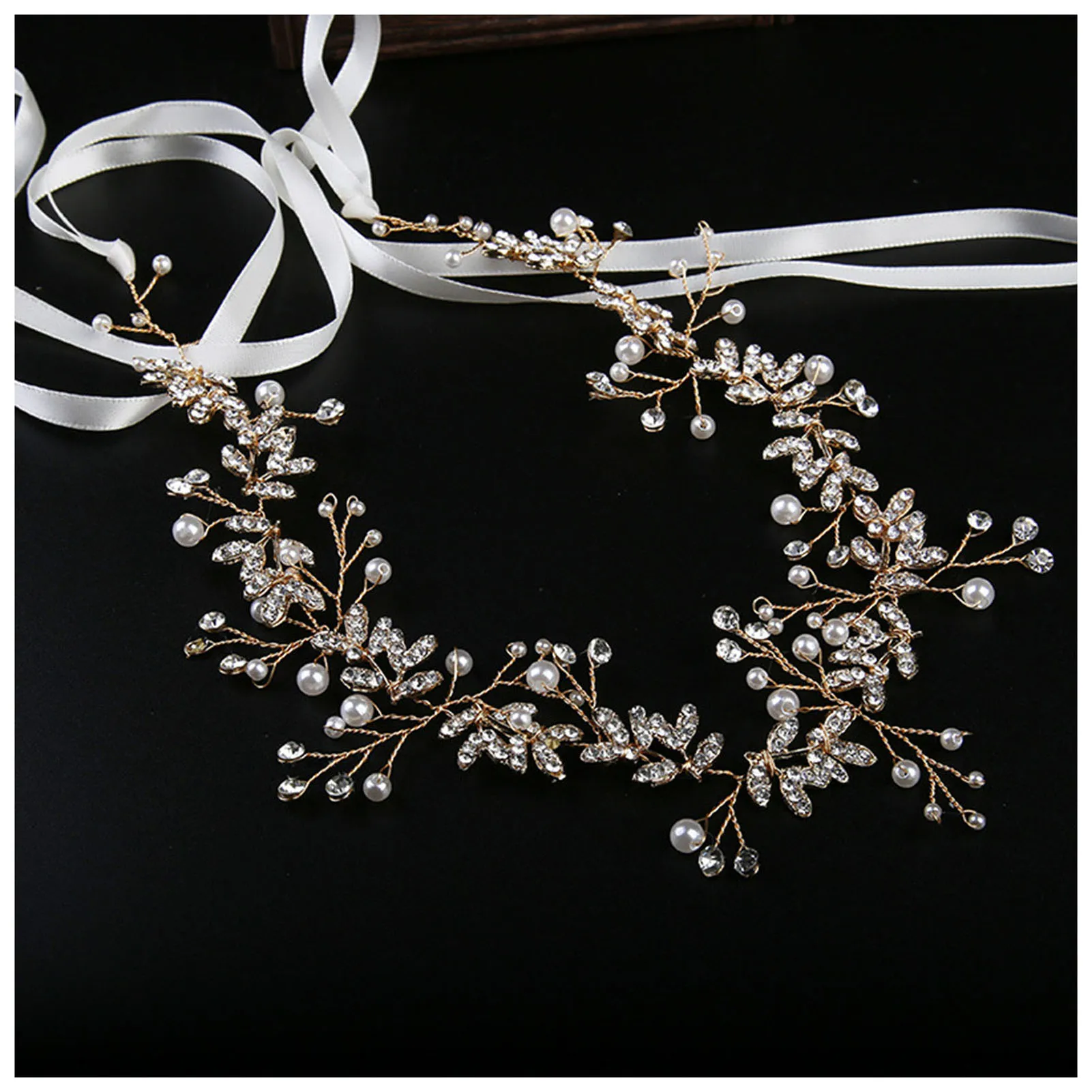 Pearl Lace-up Headband for Women Full Rhinestones Handmade Hair Wreath Hairpieces for Festival Wedding Party Head Decor