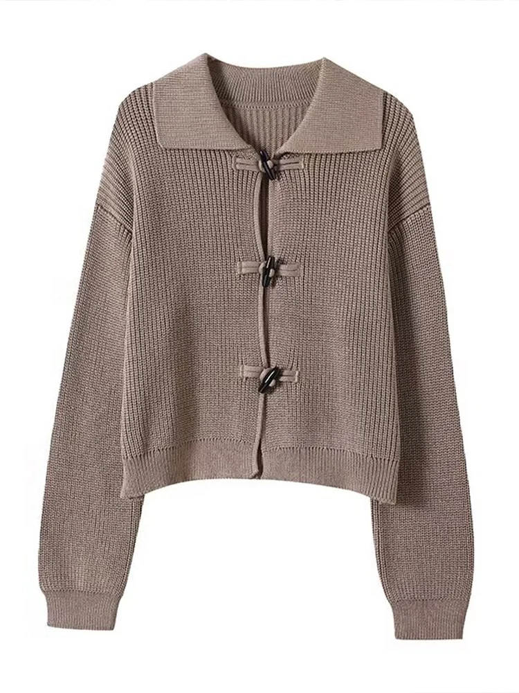 

European style new women's fashion versatile temperament leisure horn button thick needle knitted cardigan
