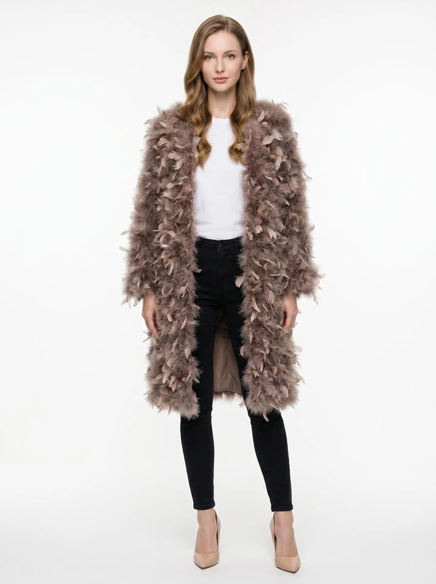 

110cm Long Real ostrich FeahterTurkey Feathers Clothing Bohemian Lady Princess Style Fluffy Coat Elegant Women's Long Outerwear