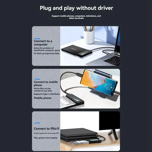 Obudowa dysku twardego ShuoLe USB 3.1, adapter dysku twardego 2,5/3,5 cala, inteligentny wyświetlacz cyfrowy, łatwy montaż kable — zdjęcie produktu 3