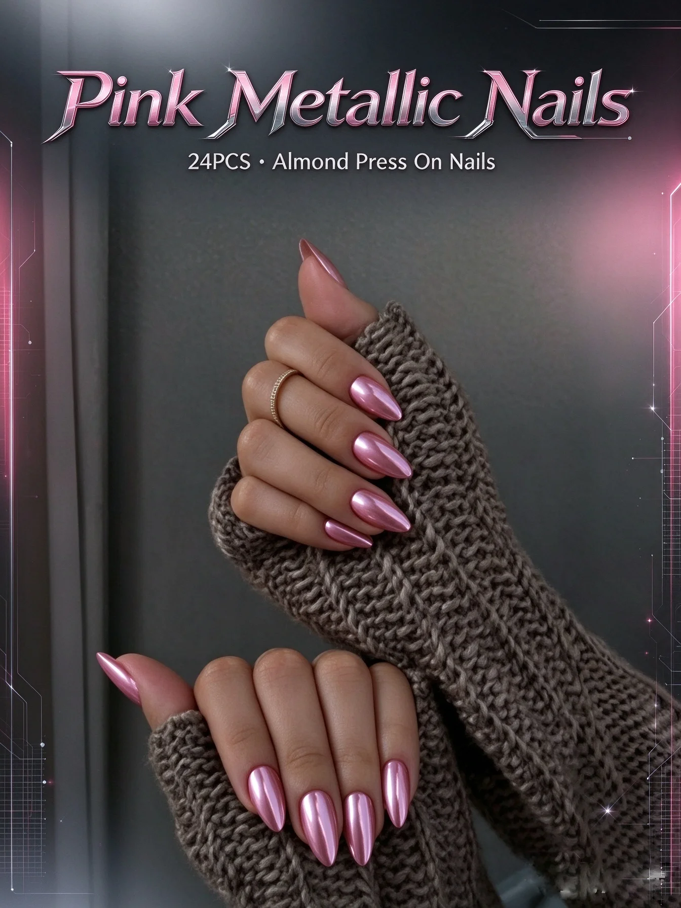 24Pcs Electroplated Pink Almond Press on Nails Fashion Mechanical Style Shiny Wearable False Nail Tips Mirror Finish Removable