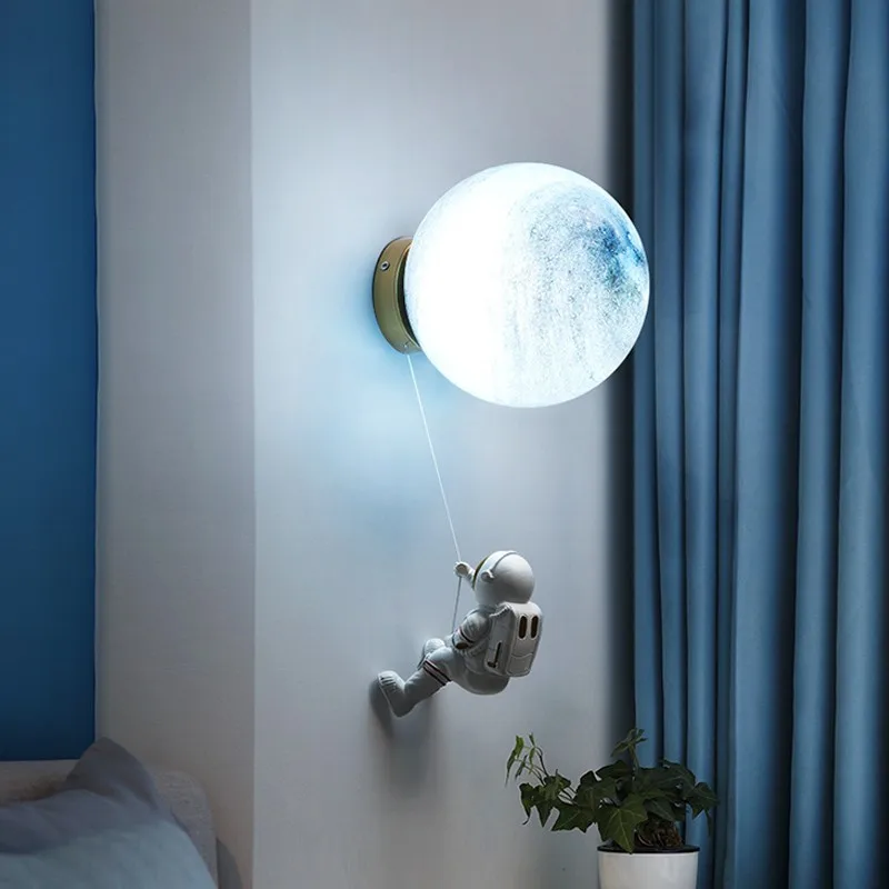 Modern Moon Astronaut Cartoon LED Wall Lamp Children’s Room Aisle Light Background Creative Bedside Sconces Home Decor Lighting