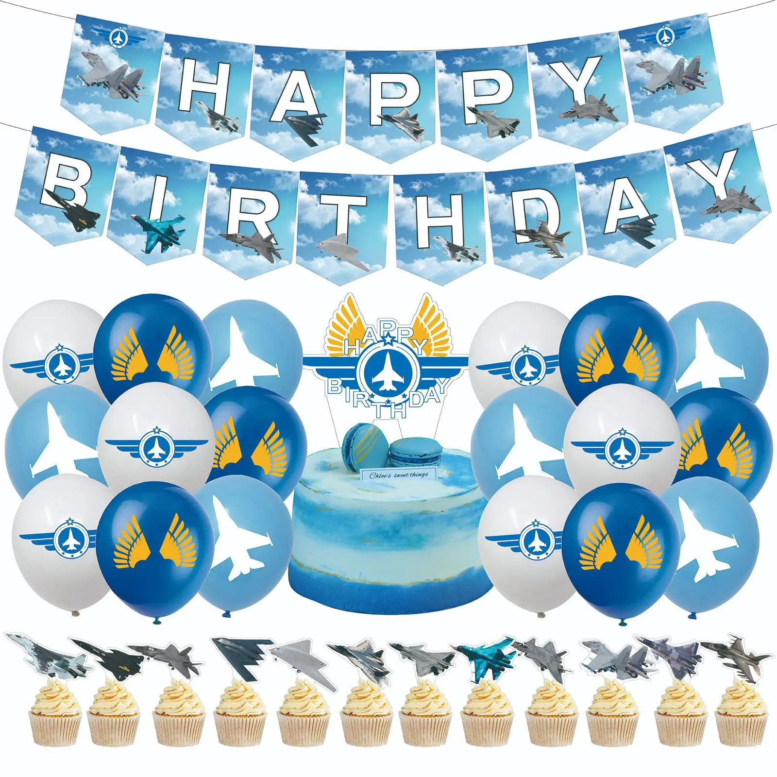 

F35 Air Force Jet Theme Birthday Party Supplies Kit Banner Large Small Table Toppers Balloon Combo Military Aircraft Party Decor