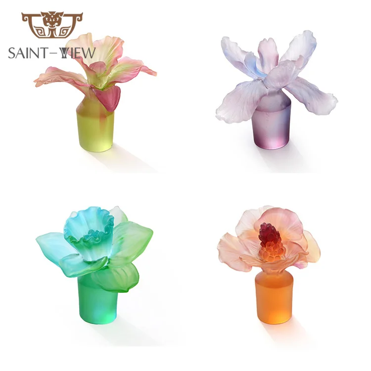 Crystal Pate De Verre Glass Flower Series Decorative Gift Table Figurine Wine Perfume Flower Bottle Stoppers