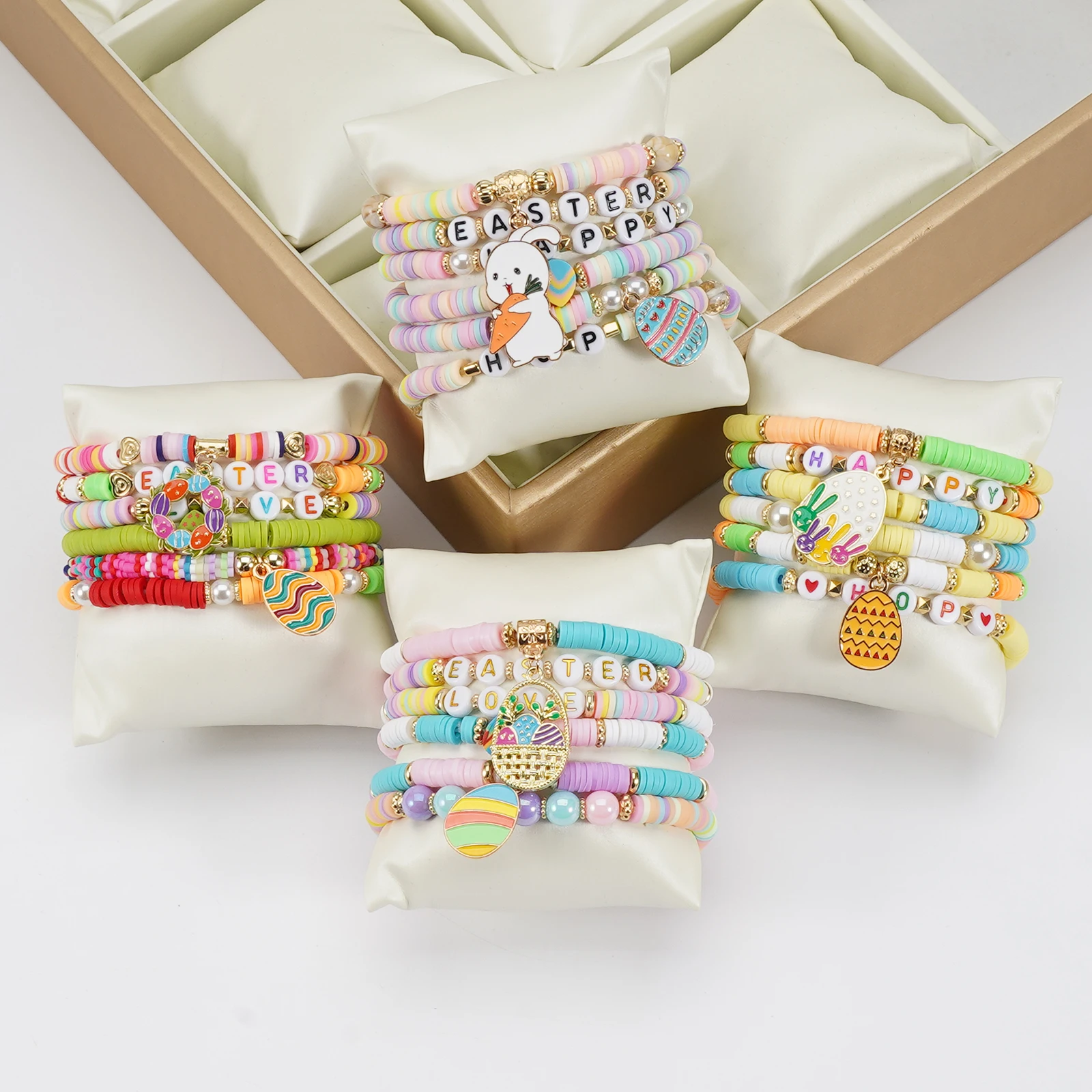 Easter Heishi Surfer Bracelets Set Easter Eggs Bunny Colorful Stackable Clay Beaded Stretch Bracelets