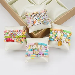 Easter Heishi Surfer Bracelets Set Easter Eggs Bunny Colorful Stackable Clay Beaded Stretch Bracelets