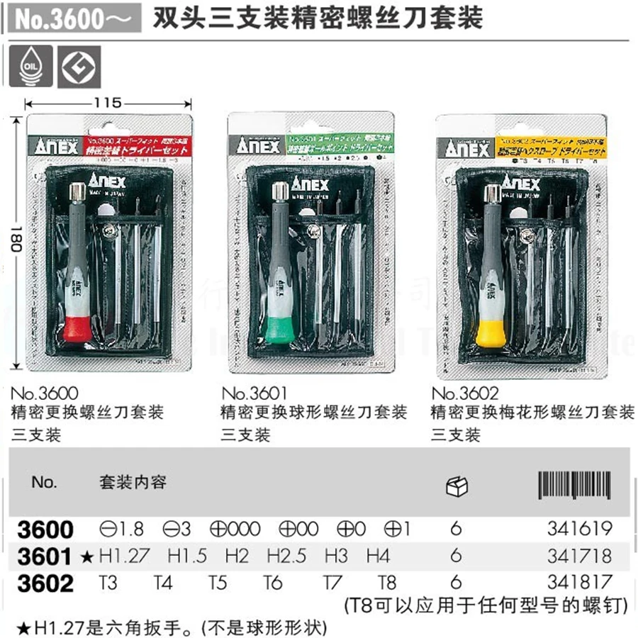 ANEX Precision Screwdriver Set 5Pcs with Tool Bag Interchangable Phillips/Slotted/Torx Bits Made in Japan No.3600/No.3602 view 2