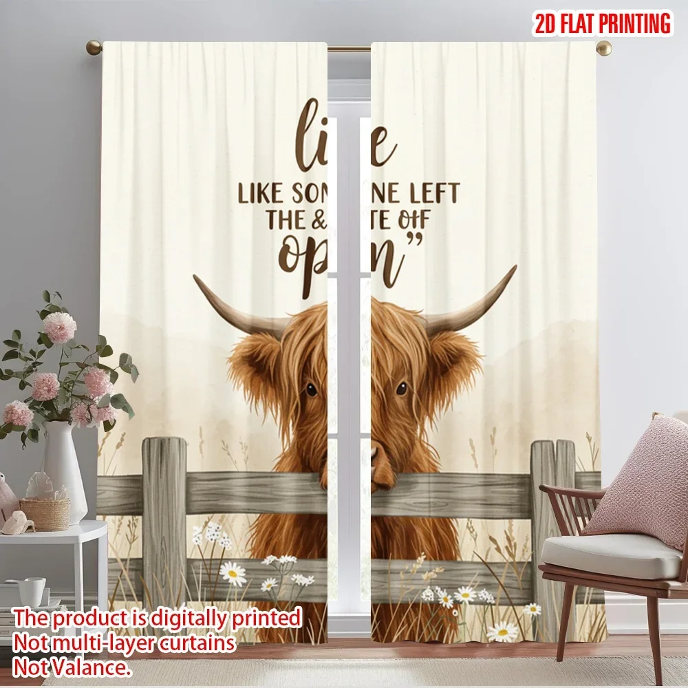 

2pcs 2D flat printing Window Treatment Curtains Highland Cow Gate Open Polyester Fabric Without Electricity Festive Holiday Use
