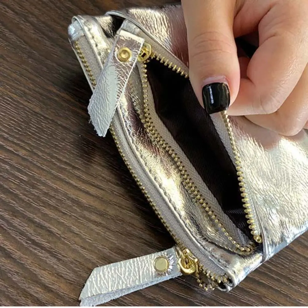 Simple Genuine Leather Silver Wallet Solid Color Korean Style Zipper Coin Purse Earphone Pouch Mini Small Item Bag Men