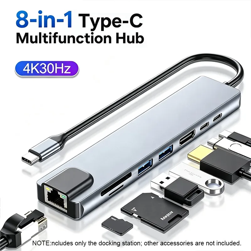 8‑in‑1 Type‑C Hub Multiport Adapter 4K HDTV RJ45 SD TF Card Reader PD Fast Charge for MacBook Notebook Computer