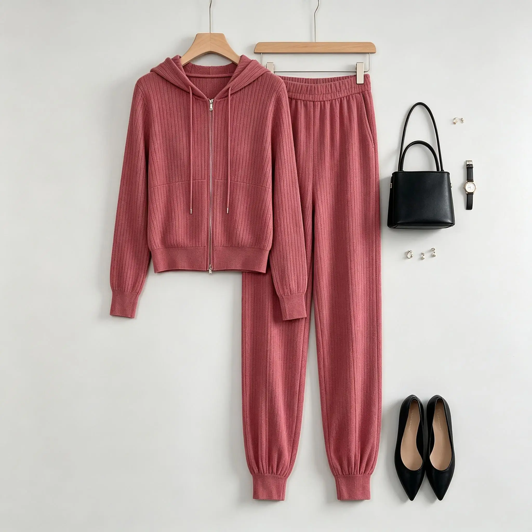 Women Autumn Winter Simple Versatile Hooded Zip‑Up Top With Jogger Pants Set