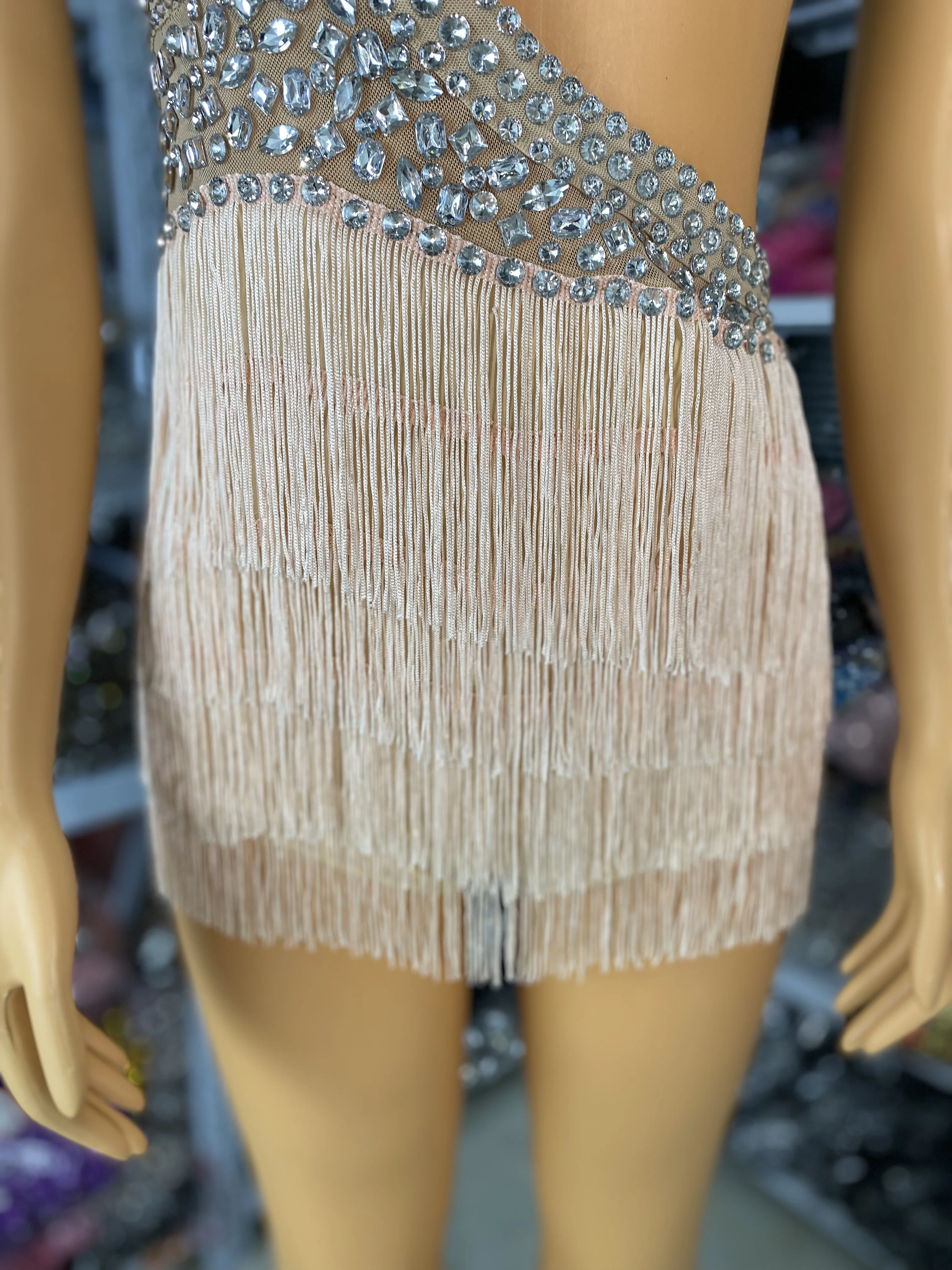 여성 라인스톤 메쉬 태슬 바디수트 드레스 섹시 컷아웃 이브닝 파티 무대 의상 볼룸 경연 라틴 댄스 드레스