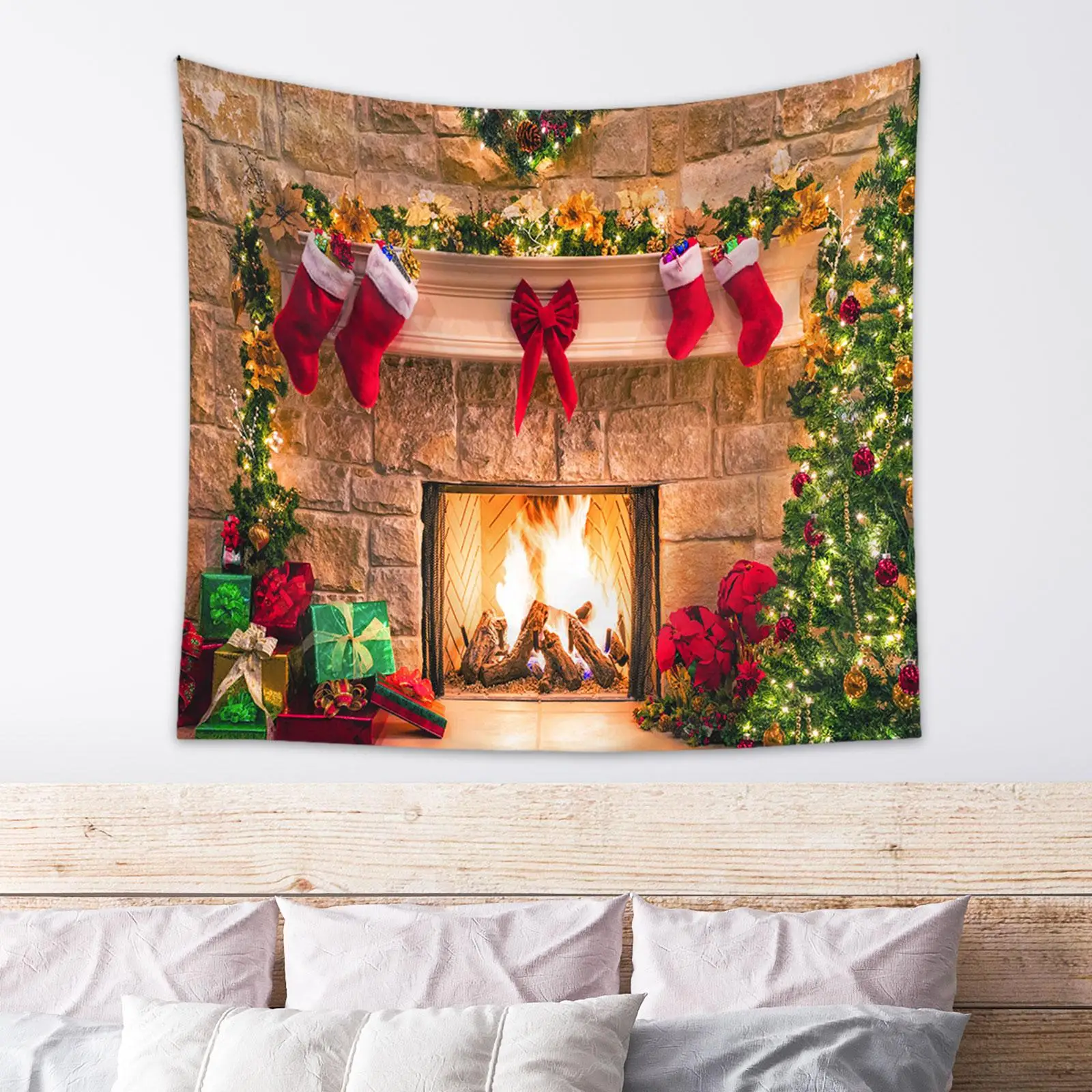 Christmas Fireplace Backdrop Christmas Background Cloth for Home Party Decor