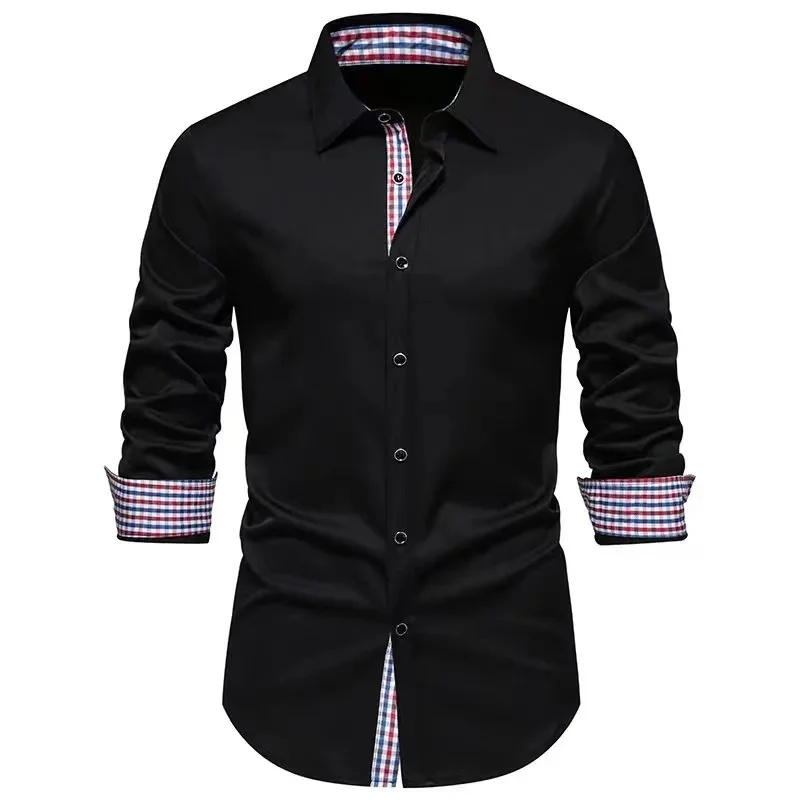 Men\'s shirt T-shirt stitching plaid casual slim party party men\'s long-sleeved button-down lapel shirt slim fashion elegant