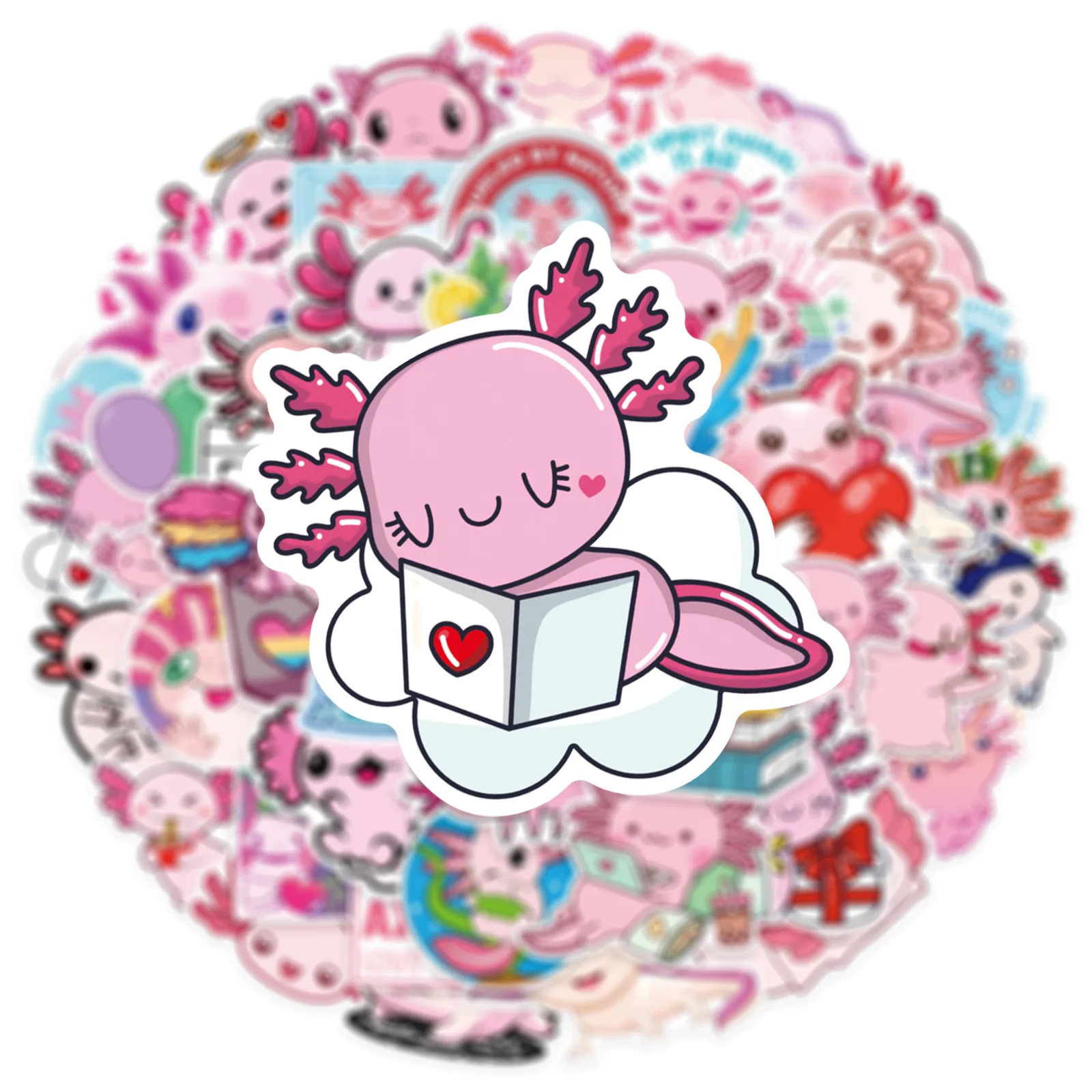 50PCS Cute Cartoon Pink Axolotl Stickers Decals for Kids Toys phone Laptop Notebook Luggage Stationery Diary Stickers Gift