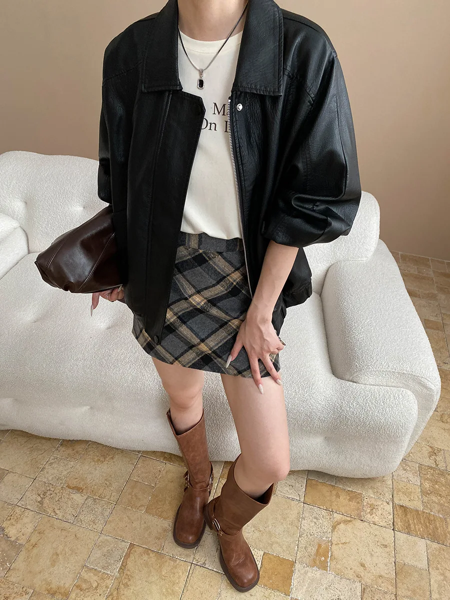 Dames kunstleer bomberjack met lange mouwen, chique bovenkleding, elastische zoom, damesmode top