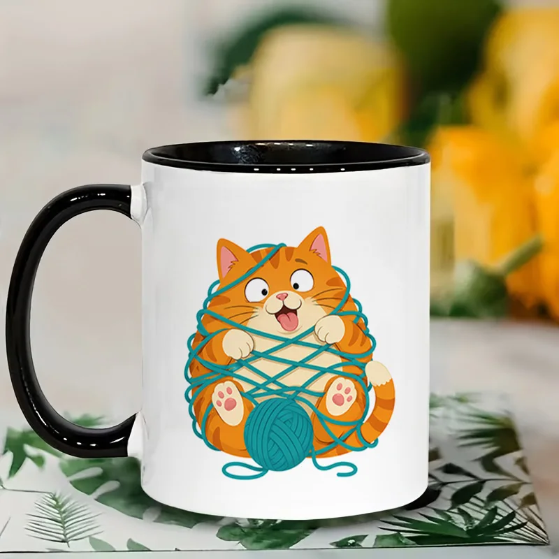 Cute Orange Cat Playing Yarn Ball Ceramic Coffee Mug, 11oz 350ml Colorful Print Mug, Personalized Custom Mug, Microwave Safe, Cu