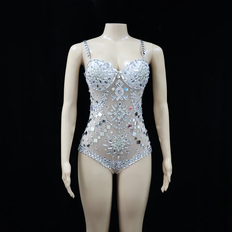 

Sparkly Silver Crystals Leotard SexyMesh Club Outfit Celebrate Female Singer Di Rhinestones Bodysuit Dance Costume Stage Wear