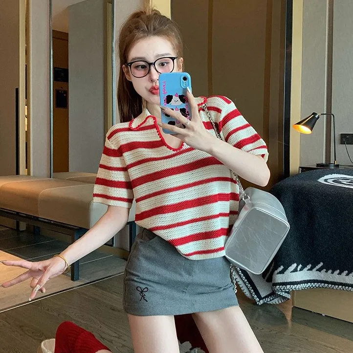 Women's Red Striped Knit Polo T-Shirt Summer 2026 V-Neck Short Sleeve Loose Casual Top