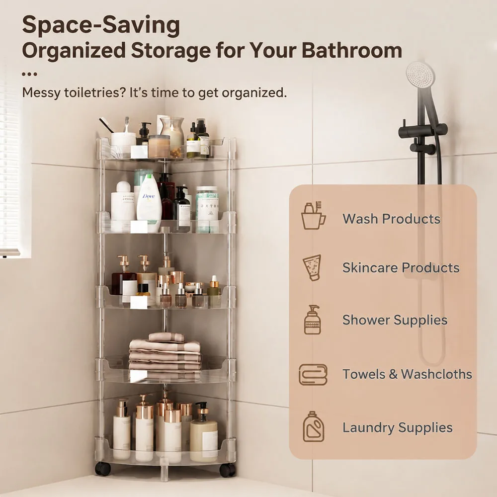 1/5 Layer Triangular Corner Transparent Corner Shelf for Bathroom/Kitchen Freestanding Multi-Tier Storage Unit for Tight Spaces