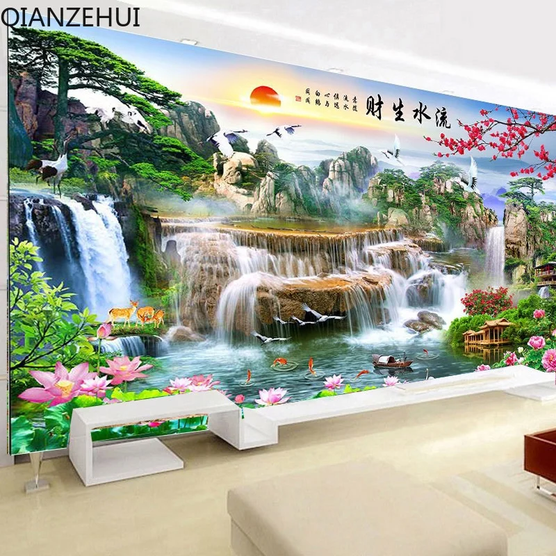 DIY full Diamond Embroidery,Round Diamond Fortune Flowing Water Landscape Living room decoration rhinestone Diamond painting