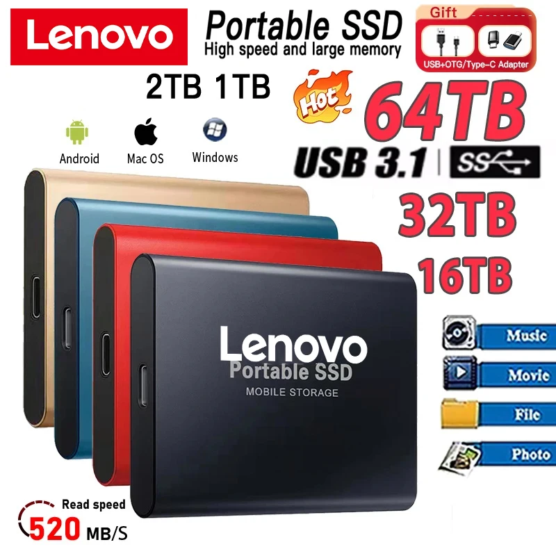 

Новый внешний жесткий диск Lenovo, 1 ТБ, мини-твердотельный твердотельный накопитель USB3.1, портативный внешний жесткий диск 64 ТБ для ноутбуков