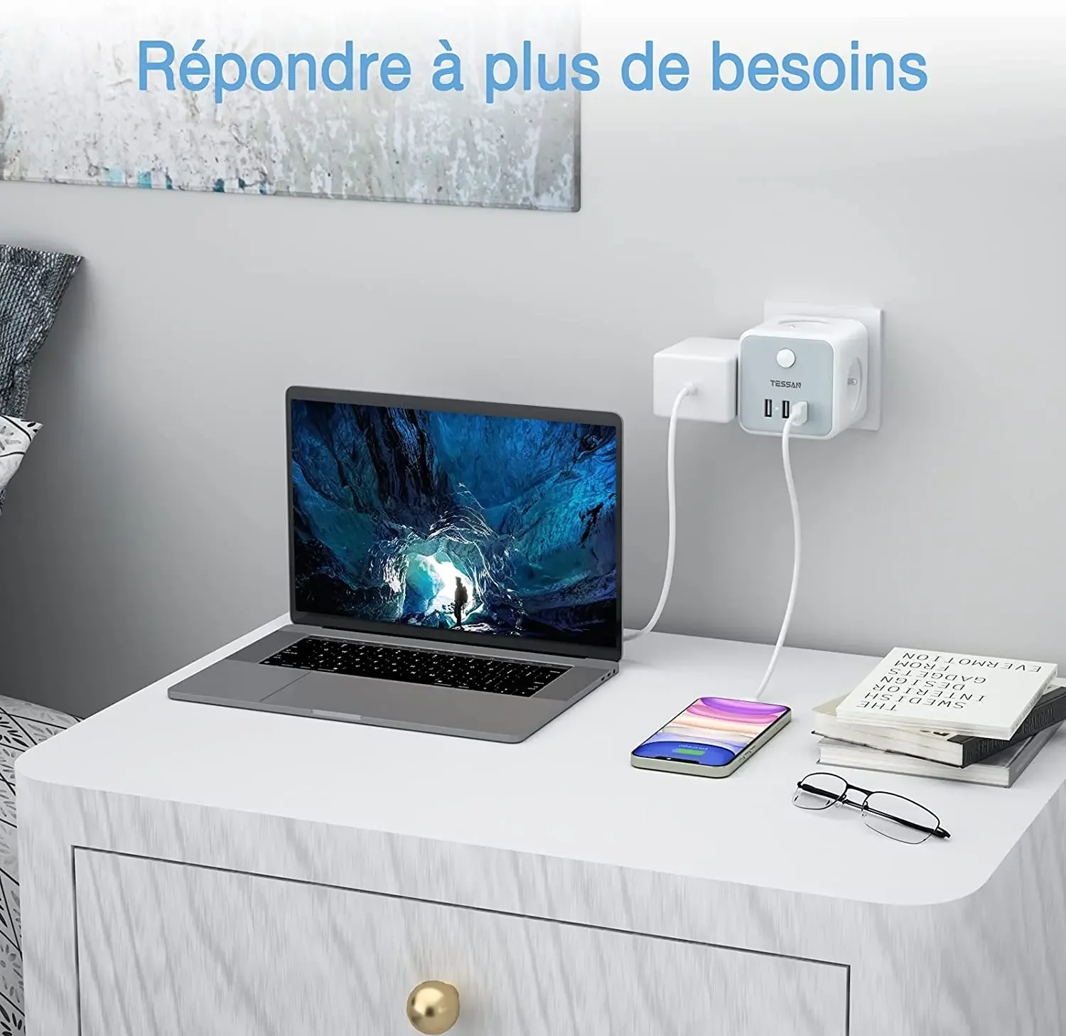 TESSAN Multi USB Socket Extender with 3 French Outlets 3 USB Ports Electrical Wall Socket Adapter for Home multiprise électrique