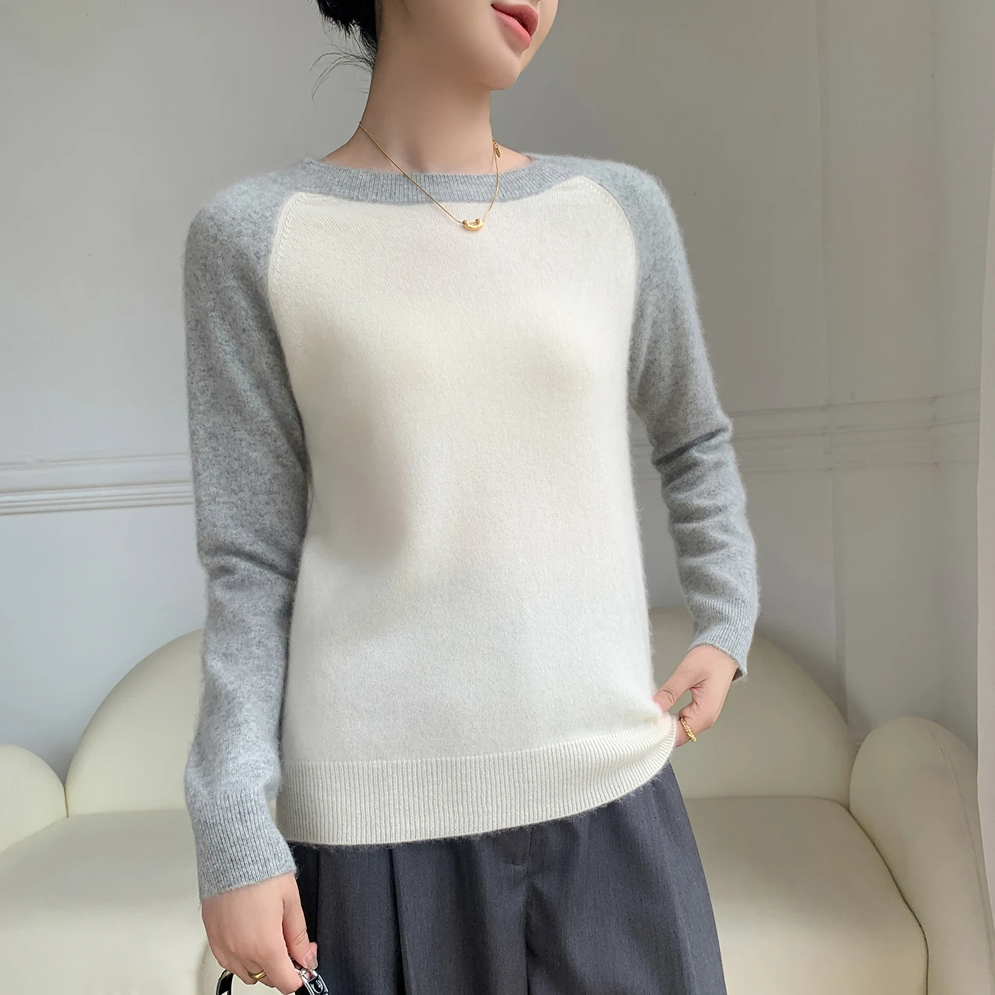 Women's 100% Pure Cashmere Sweater 2025 Autumn/Winter New Round Neck Knit Pullover Fashion Color Blocking Soft Comfortable Tops