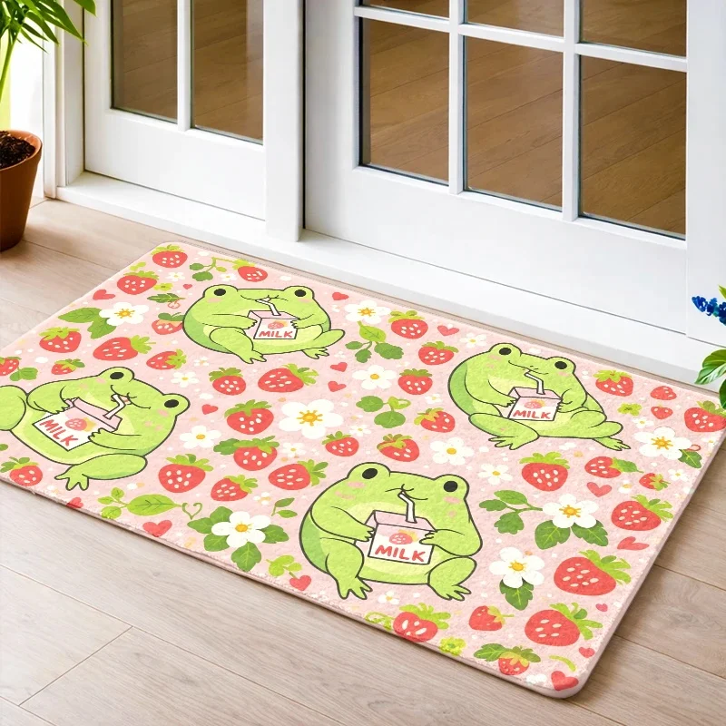 1pc, 2pcs, 3pcs Cute Frog Strawberry Printed Flannel Doormat, Durable And, Machine-Washable, Universal for Indoor And Outdoor Use, Suitable As Bedside Rug