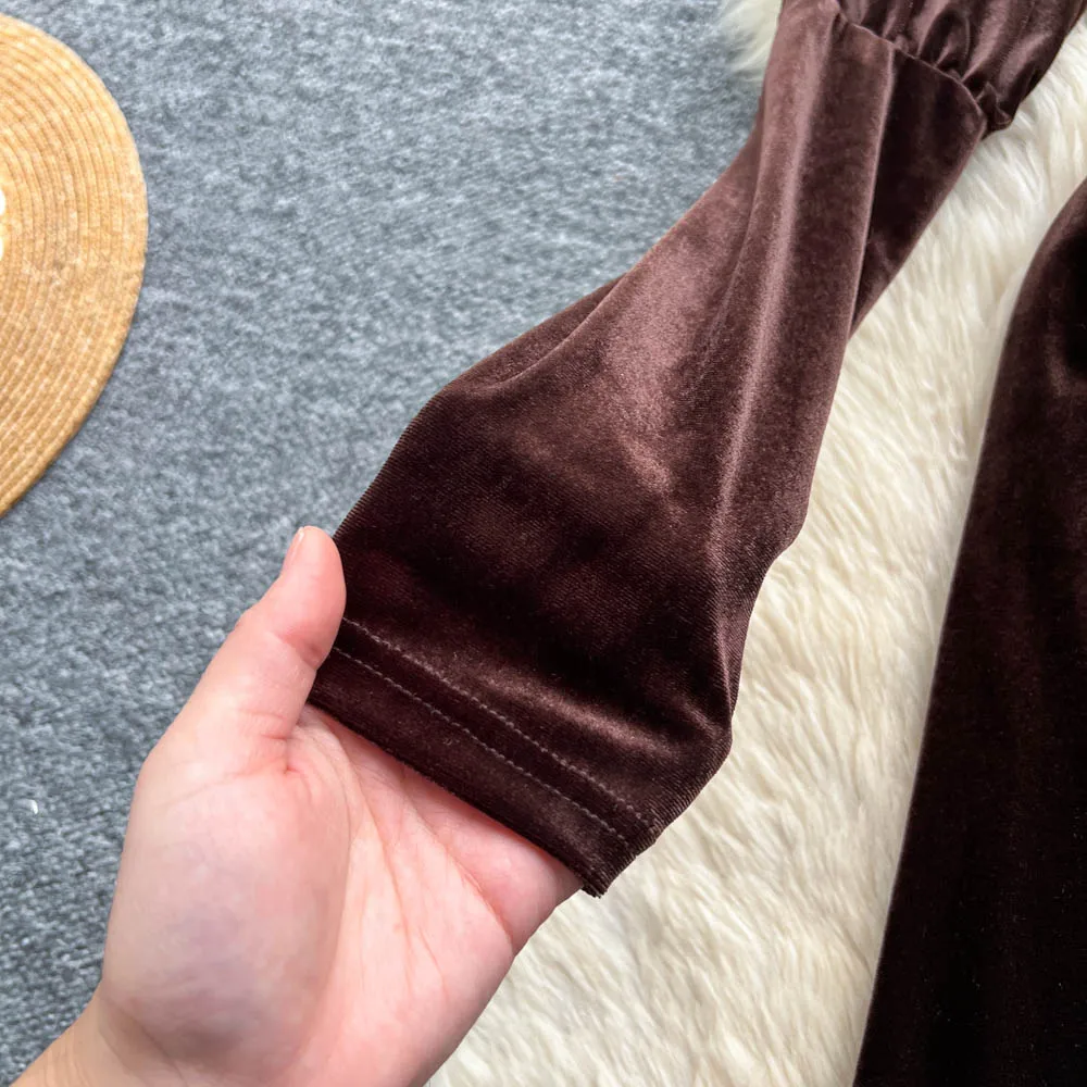 فستان أنيق مثير بأكمام طويلة من القطيفة مطوي فساتين حفلات النادي فستان صيفي للسيدات #5