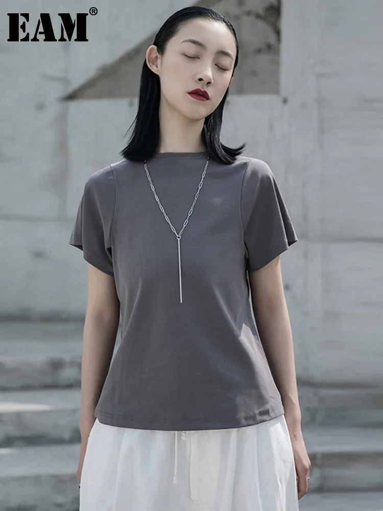 [EAM] Women Gray Brief White Plain Color Casual T-shirt New Round Neck Short Sleeve Fashion Tide Spring Summer 2024 1W028